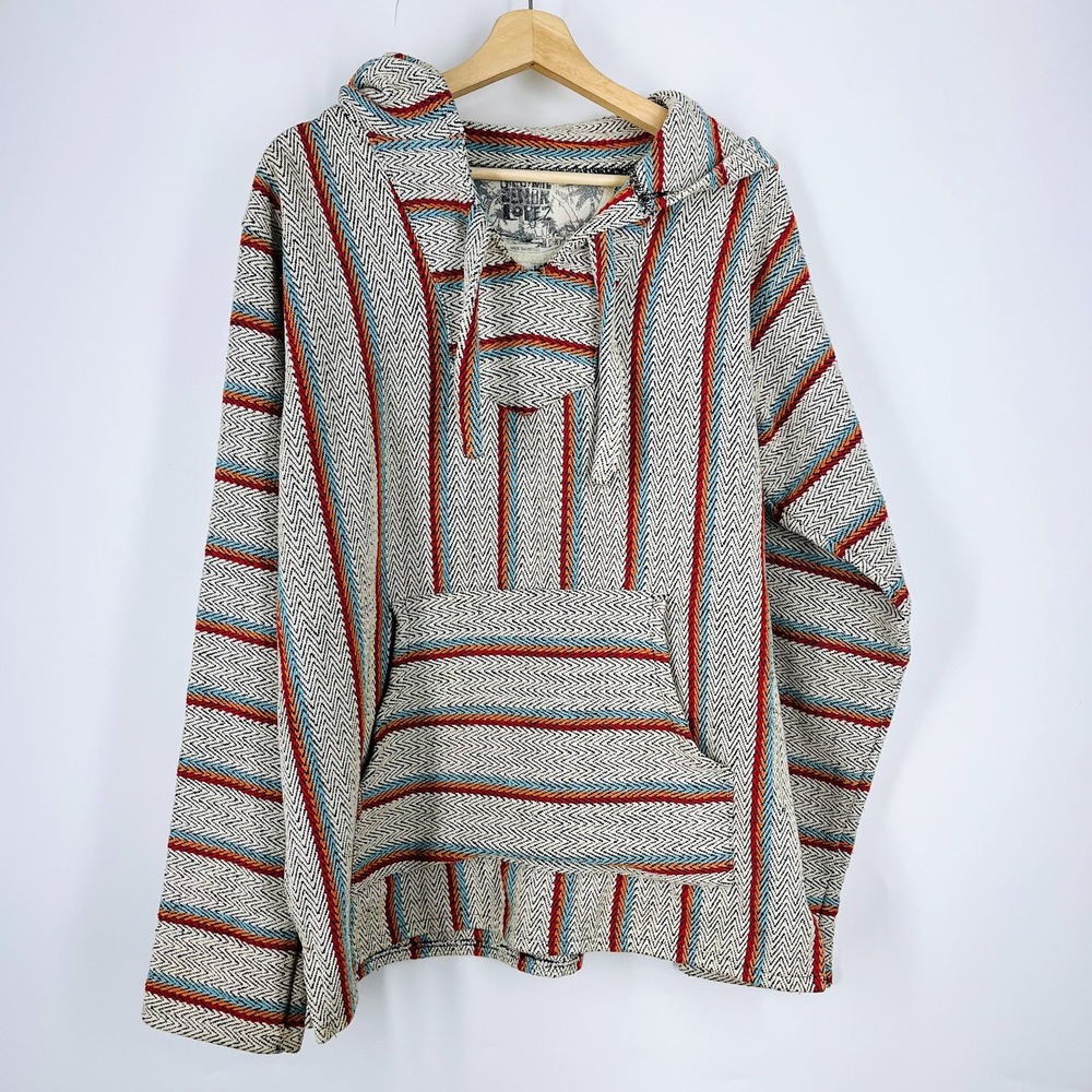 Original Senor Lopez Mens Baja Hoodie Striped Pullover Mexican Poncho Size L